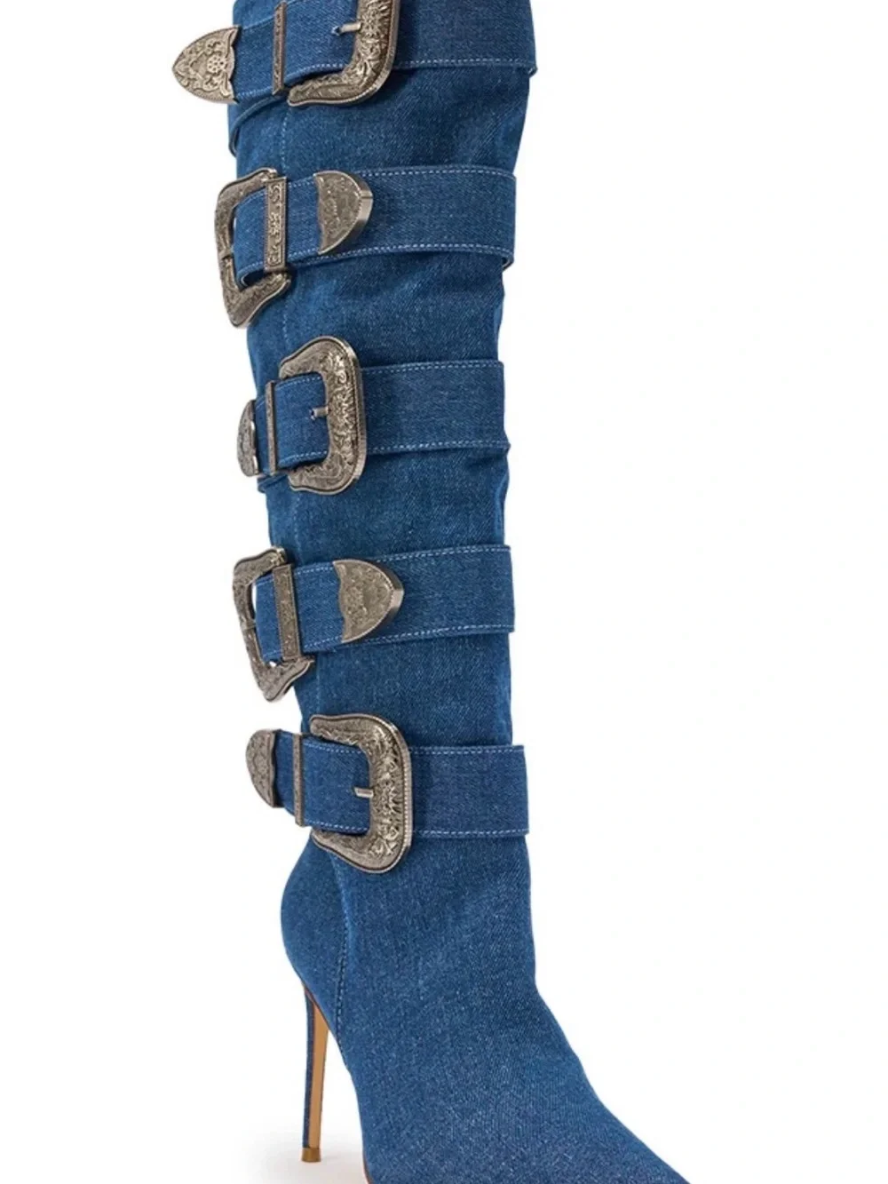 AKIRA Denim Blue Over-the-Knee Buckle Stiletto Boots